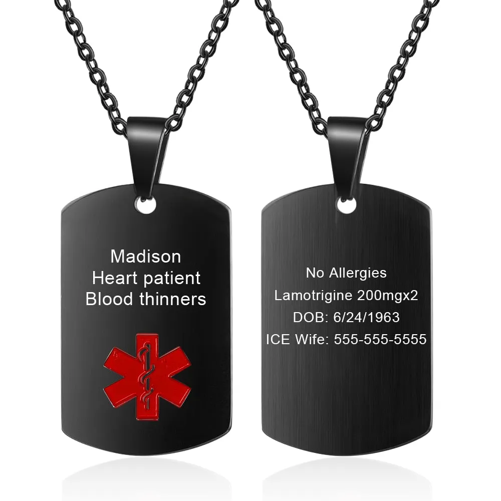 Personalized Medical Alert ID Necklaces for Men & Women 4 Color Stainless Steel Engraving Emergency Pendant Customized Jewelry