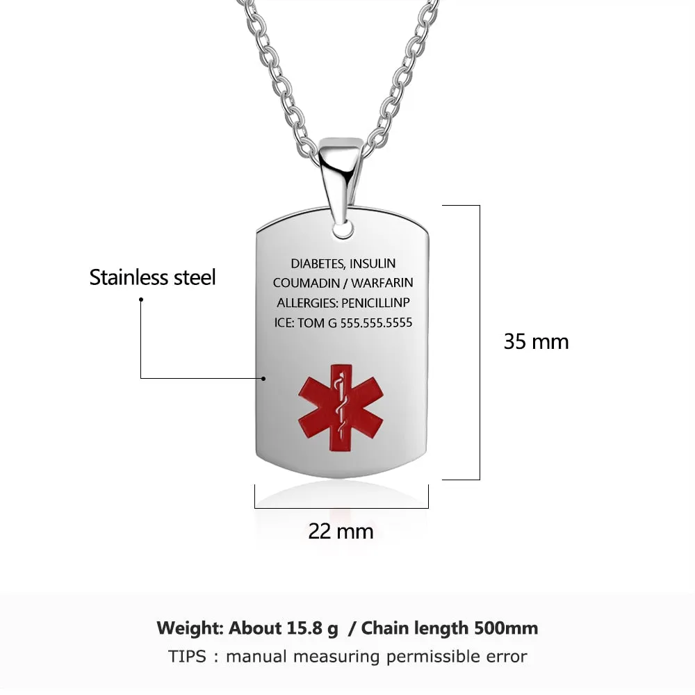 Personalized Medical Alert ID Necklaces for Men & Women 4 Color Stainless Steel Engraving Emergency Pendant Customized Jewelry