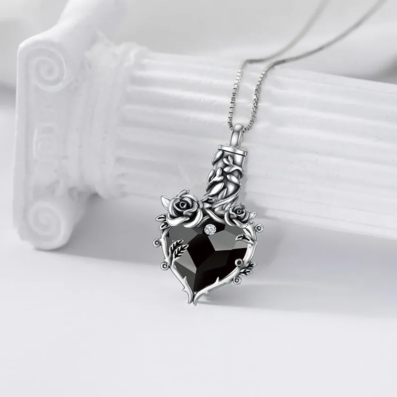 Rose Cremation Jewelry for Ashes Urn Necklace with Heart Crystal 925 Sterling Silver Ashes Pendant Necklaces for Women Memorial Gift