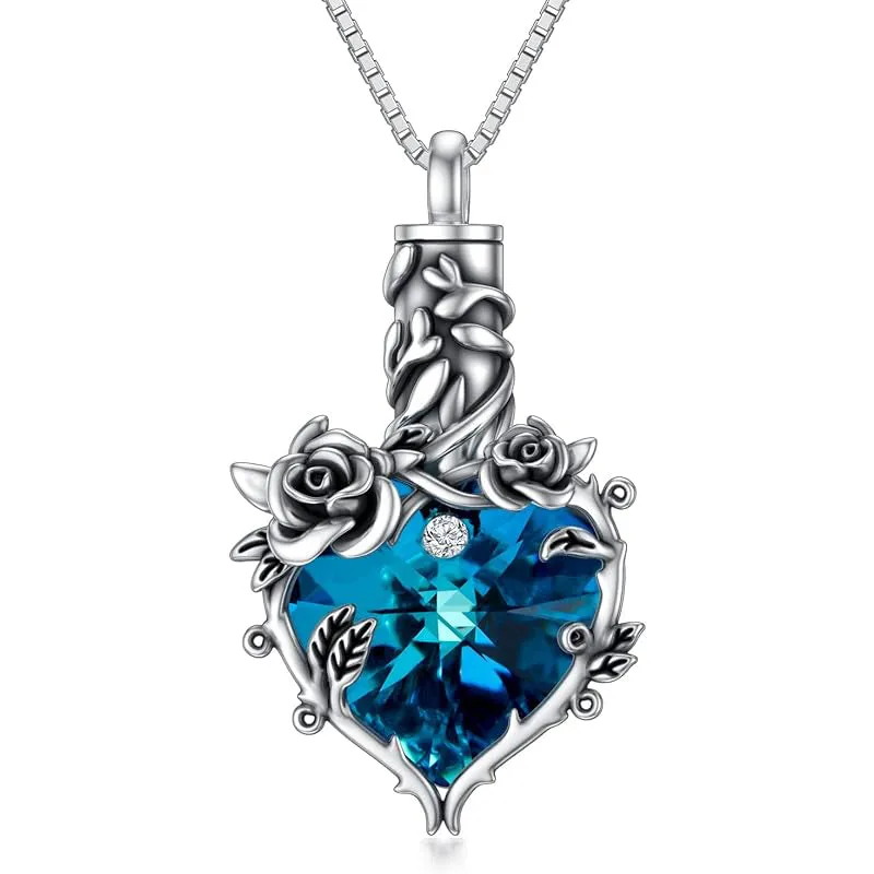 Rose Cremation Jewelry for Ashes Urn Necklace with Heart Crystal 925 Sterling Silver Ashes Pendant Necklaces for Women Memorial Gift