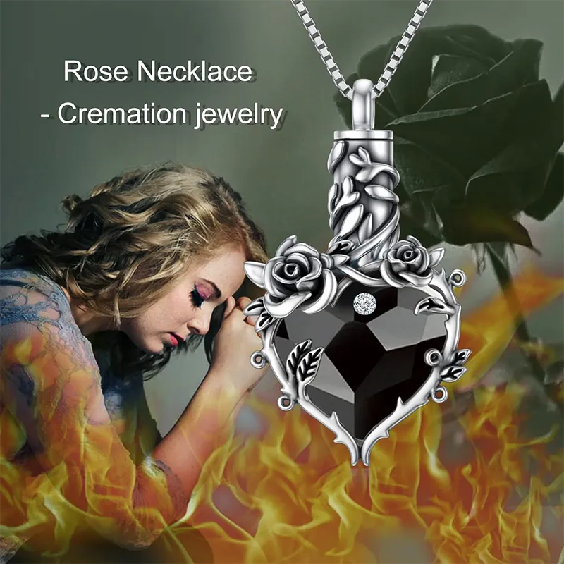 Rose Cremation Jewelry for Ashes Urn Necklace with Heart Crystal 925 Sterling Silver Ashes Pendant Necklaces for Women Memorial Gift