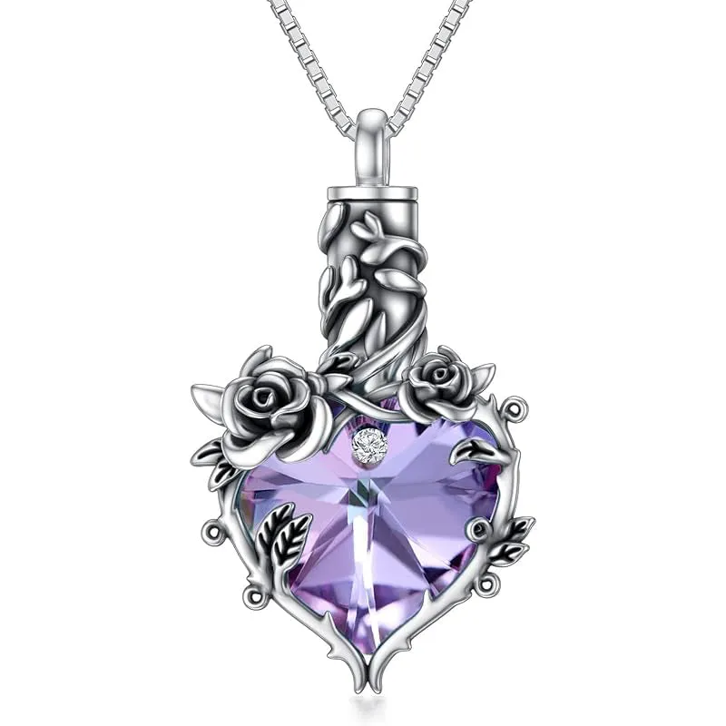 Rose Cremation Jewelry for Ashes Urn Necklace with Heart Crystal 925 Sterling Silver Ashes Pendant Necklaces for Women Memorial Gift