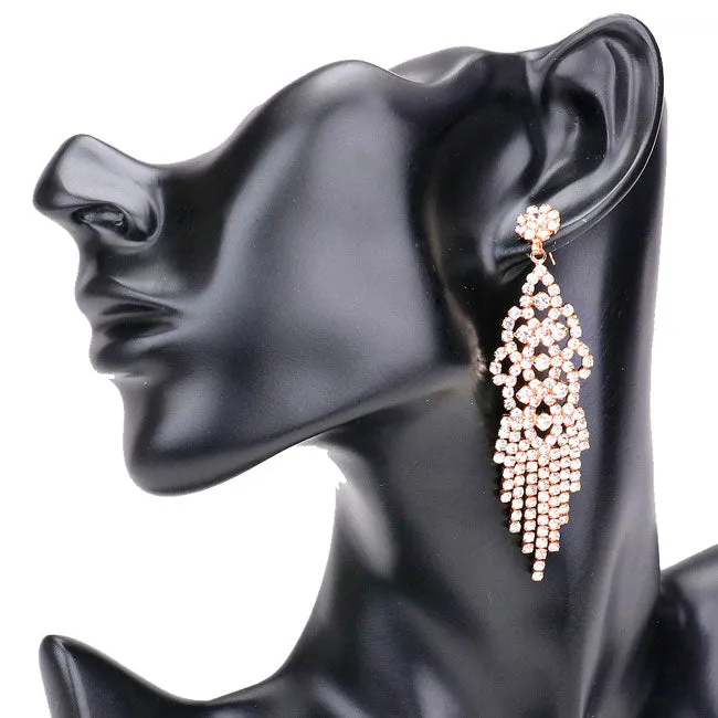 Round Stone Rhinestone Fringe Dangle Evening Earrings