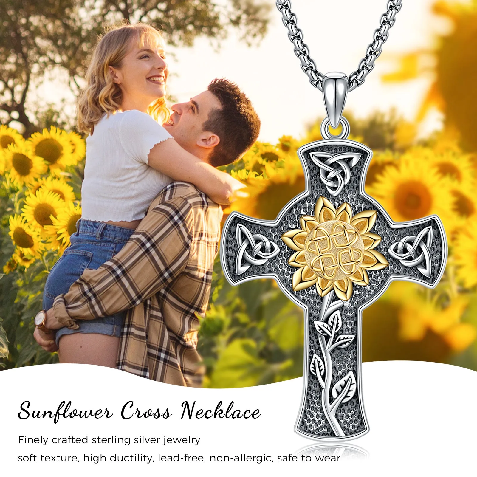 Sunflower Cross Necklace 925 Sterling Silver for Women Celtic Knot Pendant Necklaces Jewelry Gift With 55CM Stainless Steel Chain