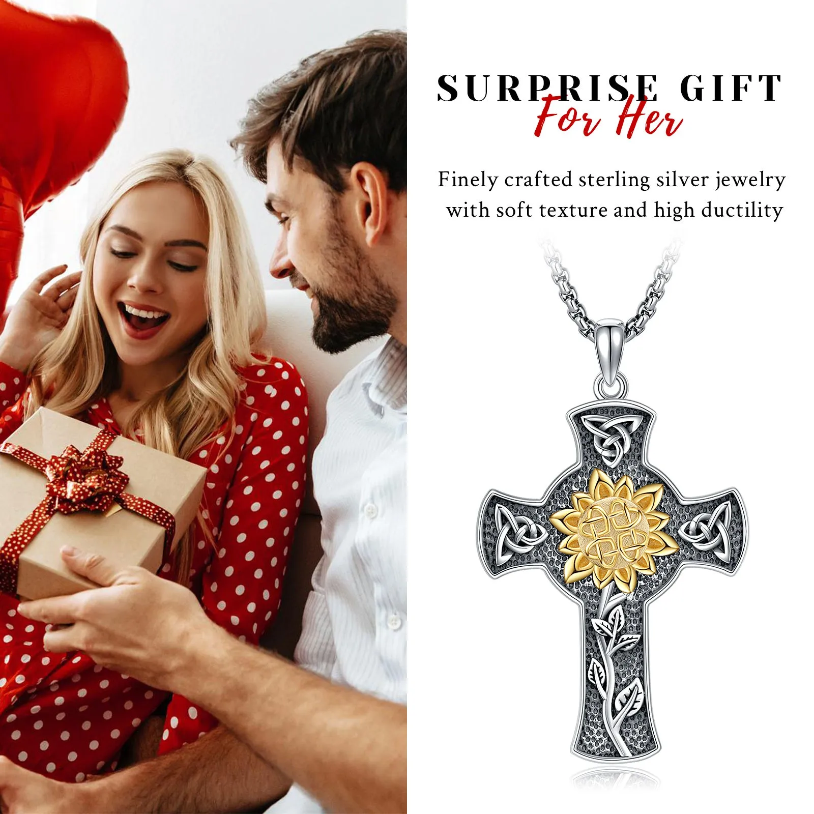 Sunflower Cross Necklace 925 Sterling Silver for Women Celtic Knot Pendant Necklaces Jewelry Gift With 55CM Stainless Steel Chain